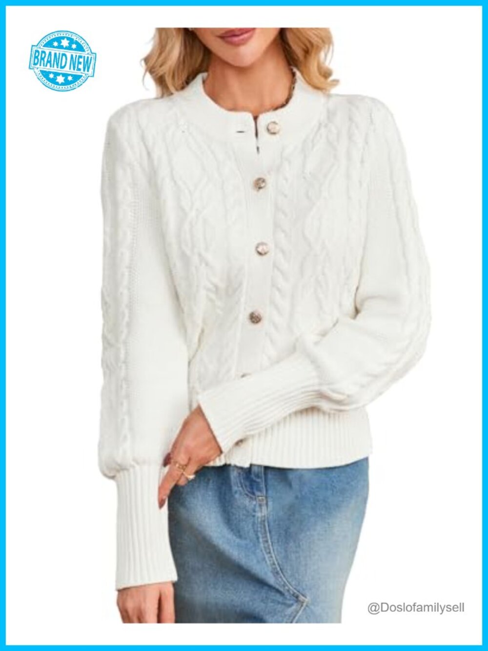 Cable Knit Cardigan Sweater Cropped Button Down Bishop Sleeve